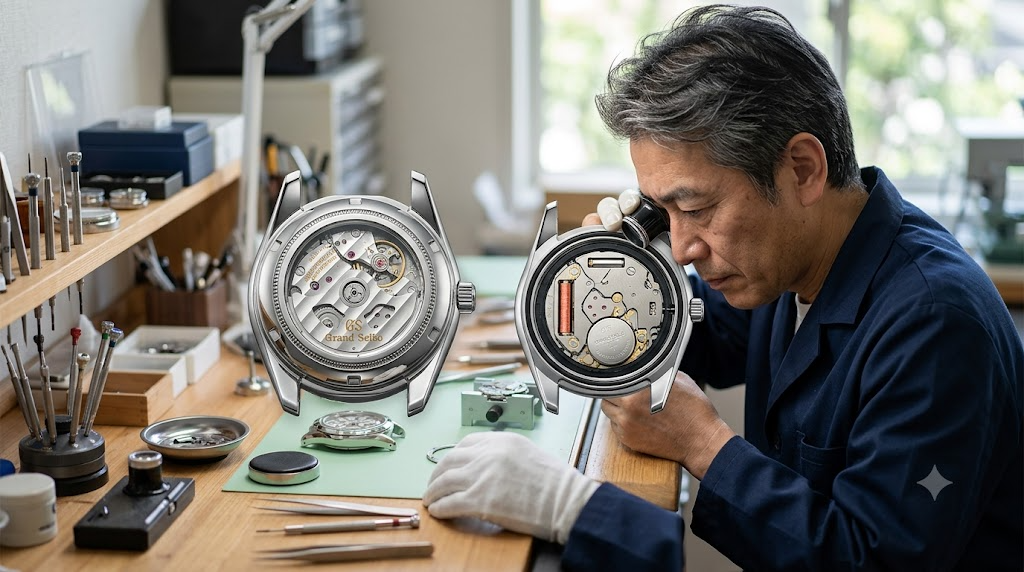 機械式と比較したクォーツの精度と維持費を表すイメージ画像